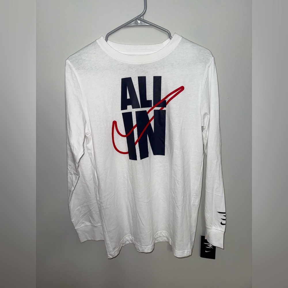 Nike Kids White Long Sleeve Tee with Red and Navy Graphic